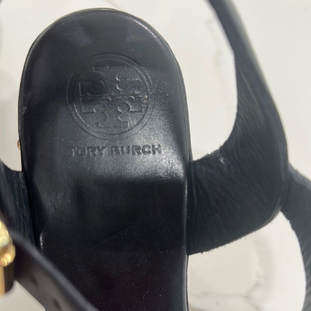 Tory Burch Black and Brown Wedge Sandals with Gold Accents - Picture 4 of 4